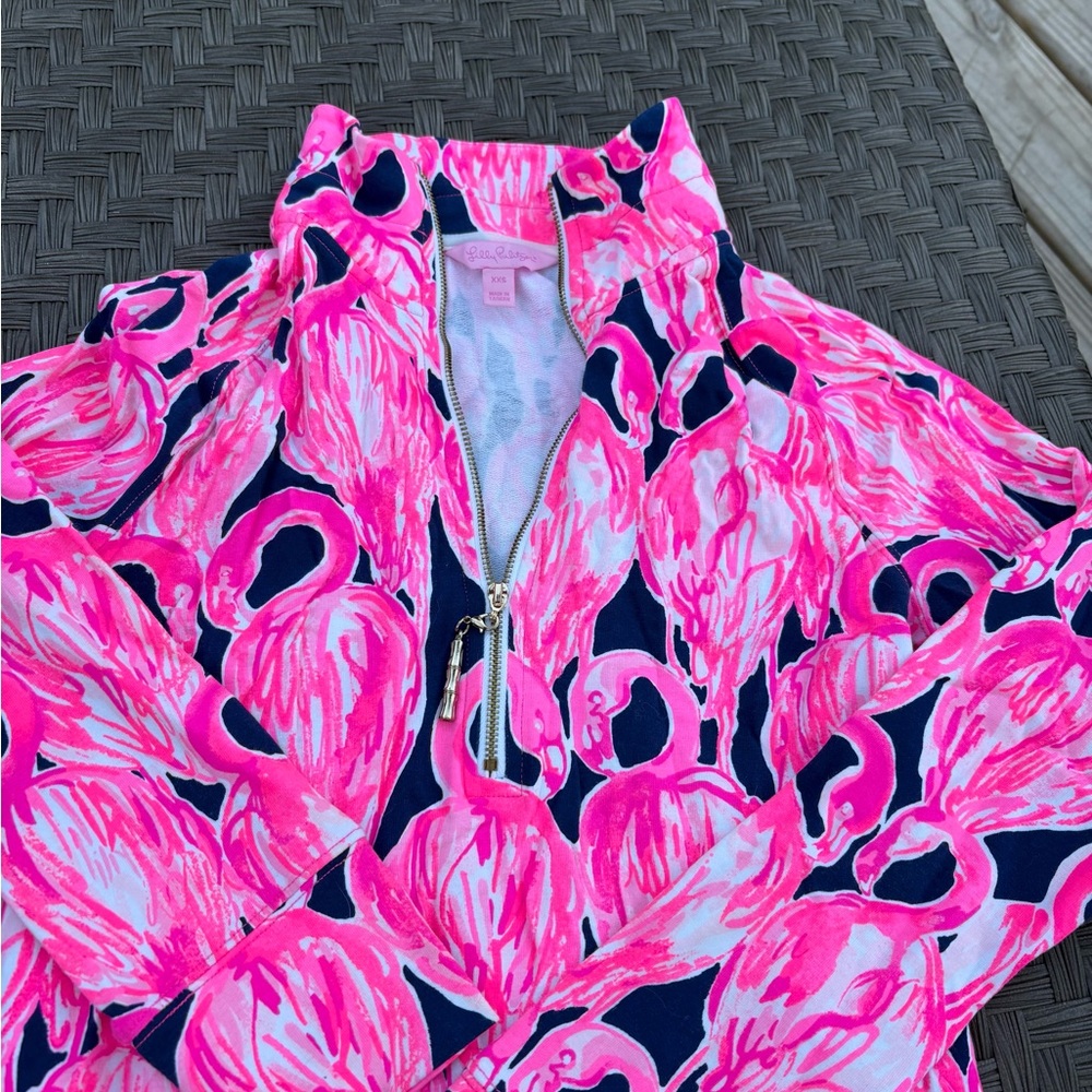 Lilly Pulizer PINK Navy Flamingo Zip Pullover XXS 0-4 Resort Beach Top Cotton